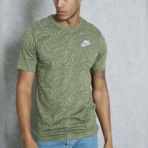 Men’s Nike Olive Green Swoosh Swirl Print Athletic Cut Casual Tee Medium